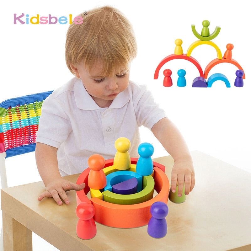 Brinquedo infantil montessori de blocos de arco-íris.