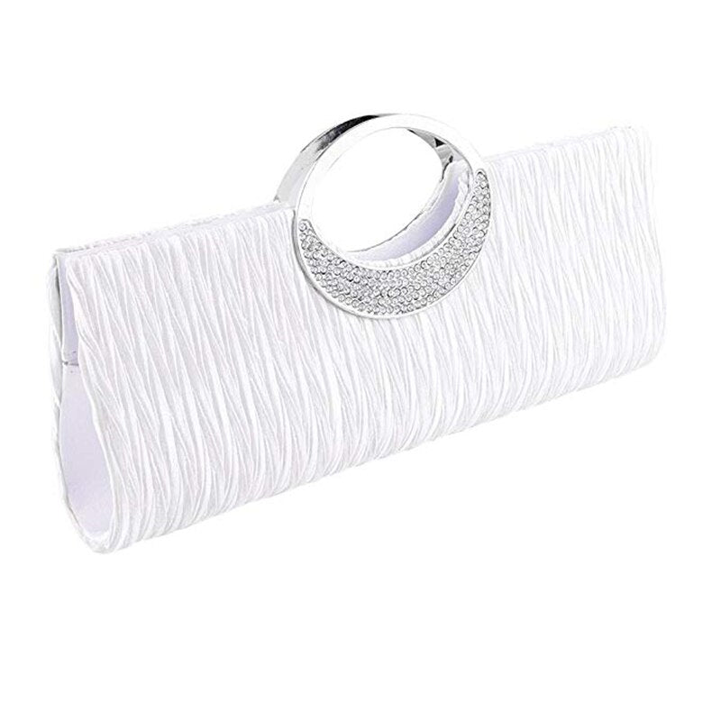 Bolsa de mão feminina de cetim plissada com strass para festa.