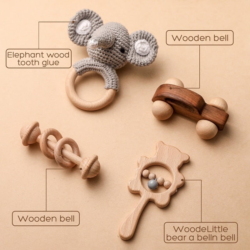 Mordedor e peças montessorianas em madeira para bebê brincar